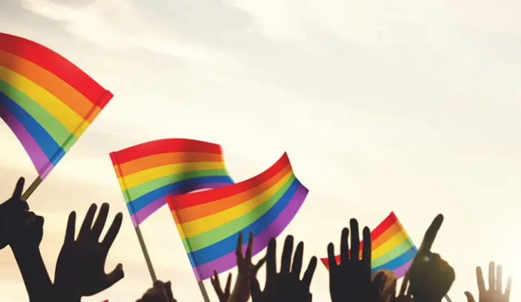 Silhouetted hands raise vibrant rainbow flags against a sunset sky, symbolizing pride and inclusivity during a celebration.
