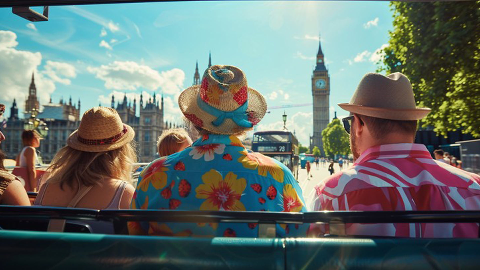 Three people in colorful shirts and hats enjoy a sunny day, facing iconic London landmarks including Big Ben and the Houses of Parliament.