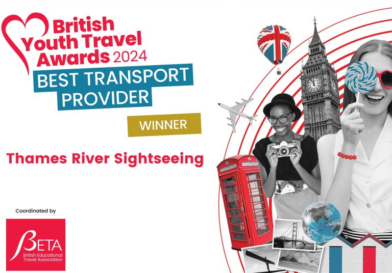 Graphic promoting the British Youth Travel Awards 2024, showcasing Thames River Sightseeing as Best Transport Provider Winner.