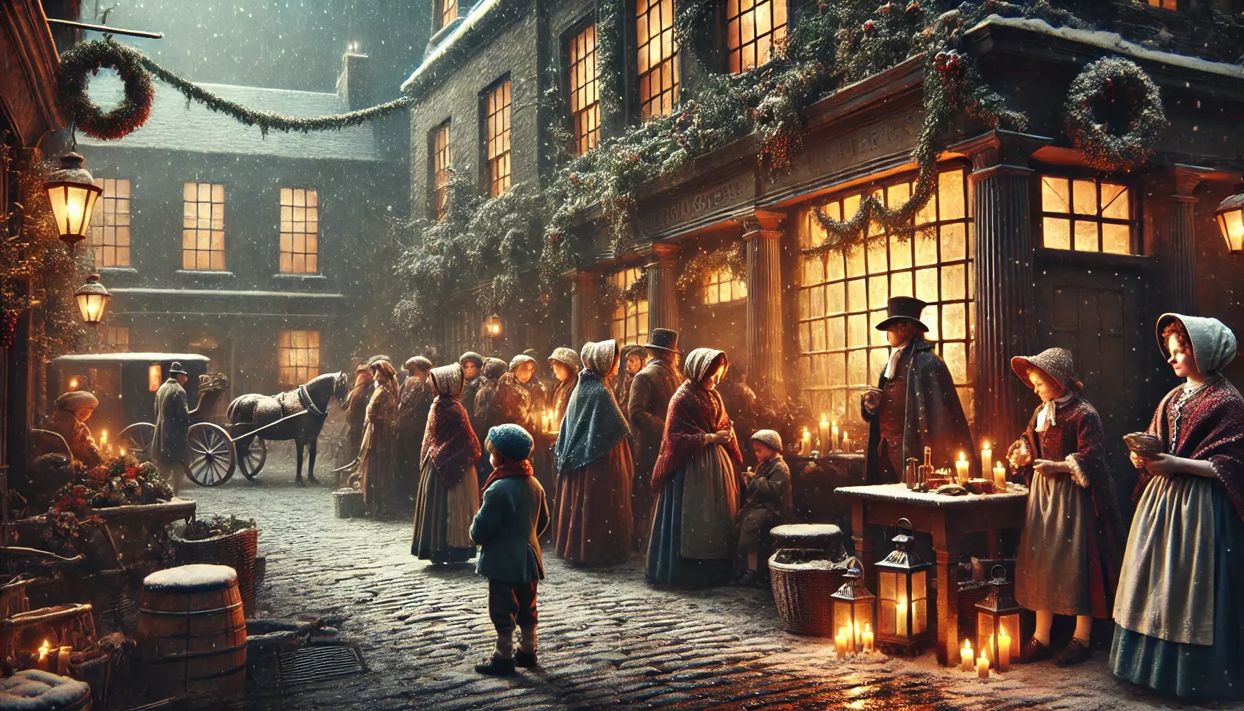 A bustling winter market scene with people in Victorian clothing, surrounded by snow, candlelight, and holiday decorations.