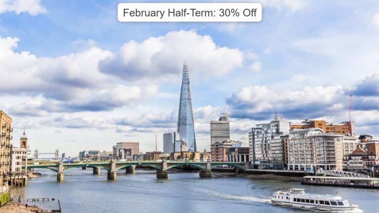 London skyline featuring The Shard, a riverboat on the Thames, and a green bridge, with a text overlay: "February Half-Term: 30% Off."