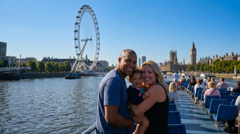 A happy family enjoying a Thames River Sightseeing cruise with the London Eye behind them.