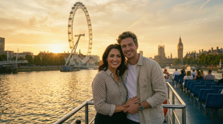 A happy couple on a Thames River Sightseeing cruise with the London Eye in the background.