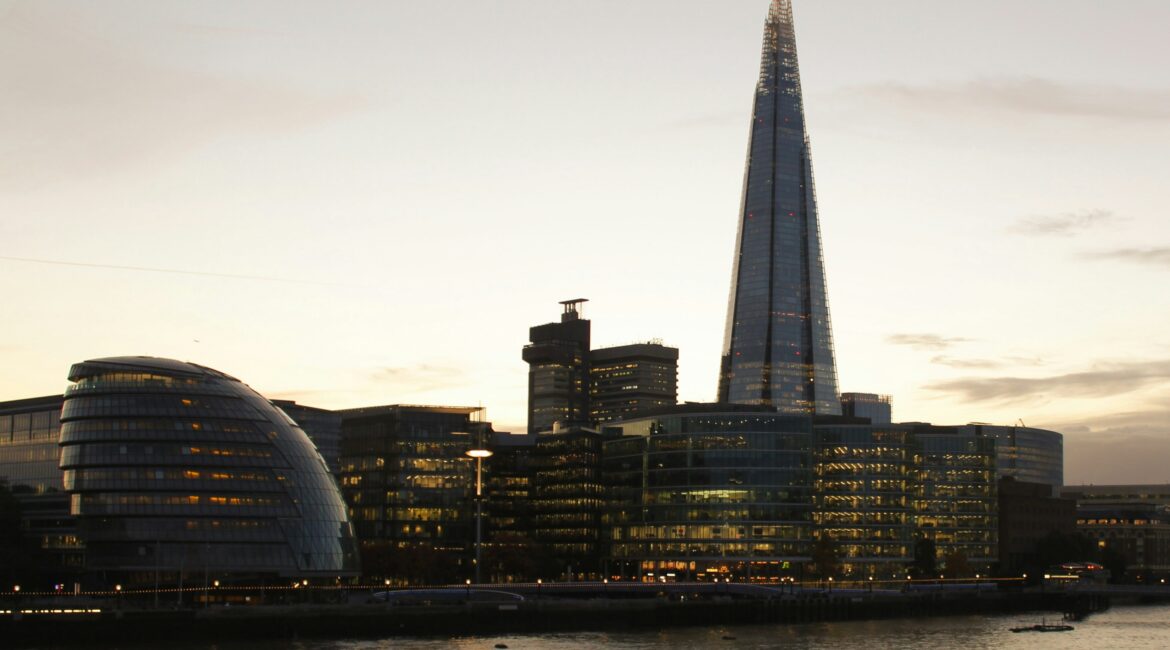 The Shard London skyline viewed from the River Thames.