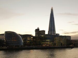 The Shard London skyline viewed from the River Thames.