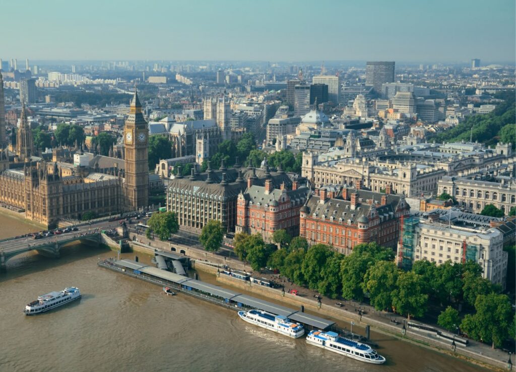 An aerial view of Westminster Pier in London.