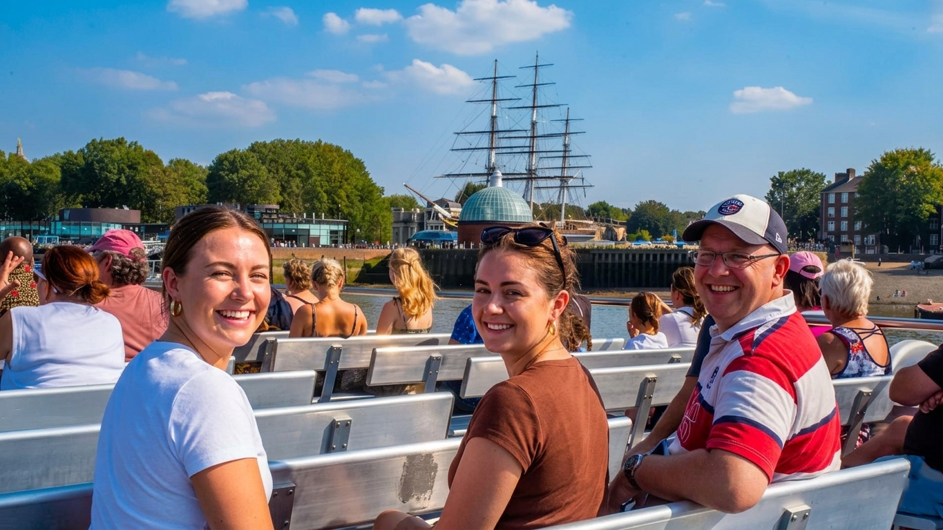 A happy family on a hop-on hop-off Thames River Sightseein cruise.