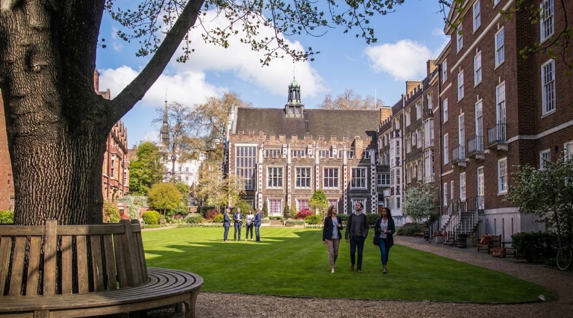 Visitors exploring a historic courtyard during the Open Gardens London event.