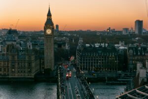 Big Ben and Westminster Bridge in London at sunset