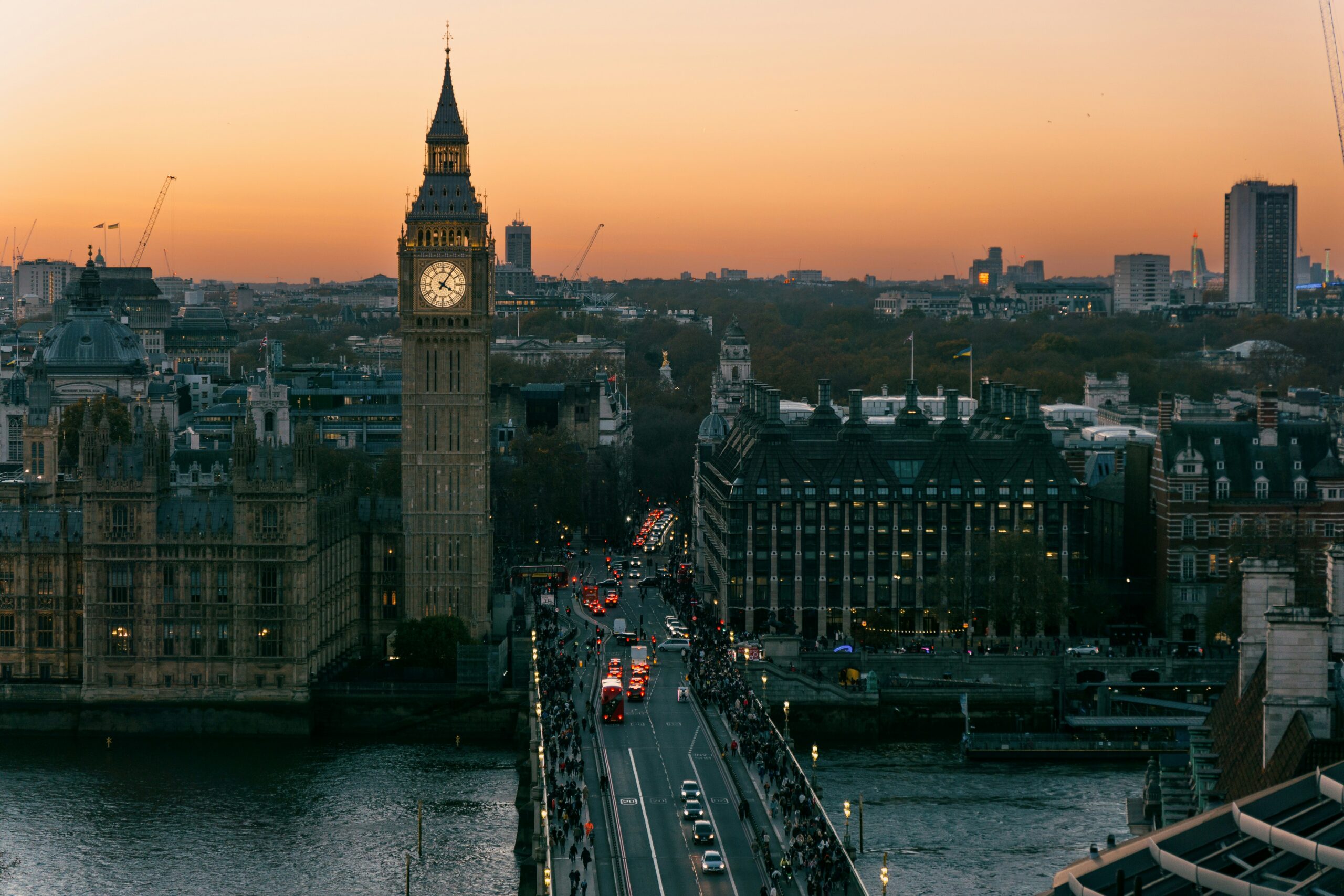 Big Ben and Westminster Bridge in London at sunset